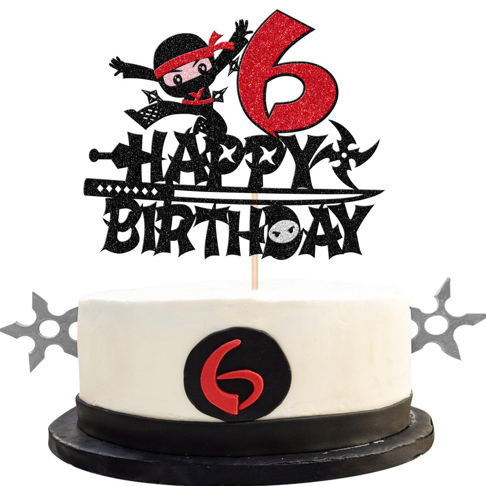 1 PCS Ninja Happy 6th Birthday Cake Topper - Black Glitter Six Years Old Cake Pick - Martial Arts Kung Fu Warriors Decoration for Ninja Theme Sixth Party Supplies