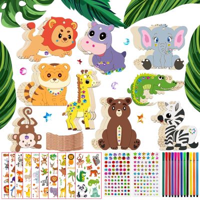 270 Pcs Wooden Animal Crafts for Kids - With 27 Blocks, 202 Rhinestones, 12 Color Pens, 2 Stickers, 27 Ropes - DIY Crafts and Birthday Party Gifts