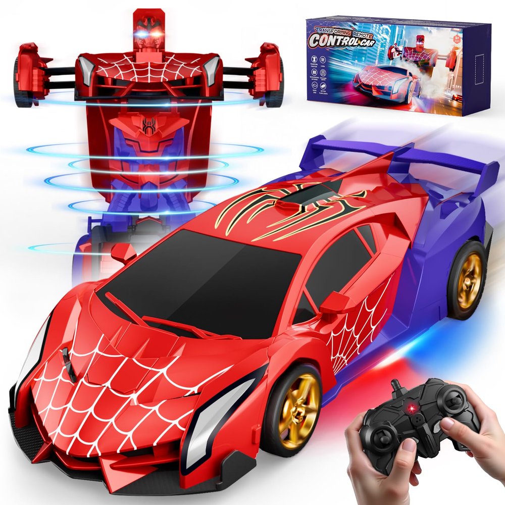 Spider Transform RC Cars Toys with Eye & Underbody Lights, 2.4GHz Remote Control Car One-Button Deformation, Fast 360Rotation Robot Toys Birthday Gifts for 3 4 5 6 7 8 9 10 Year Old Boys Age 4-7 8-12