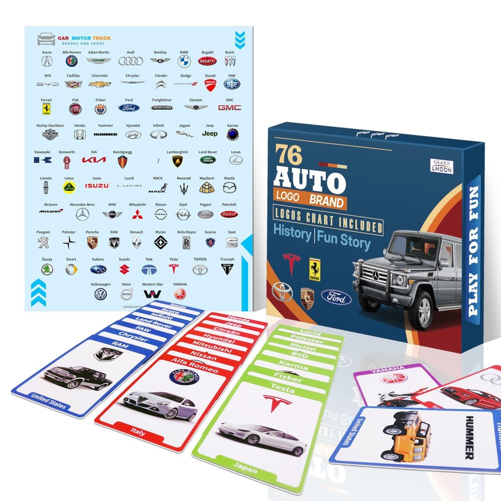 76 Car Motorcycle Truck Brands and Logos Flash Cards, Overview Chart, History, Fun Story Small Gift for Boy