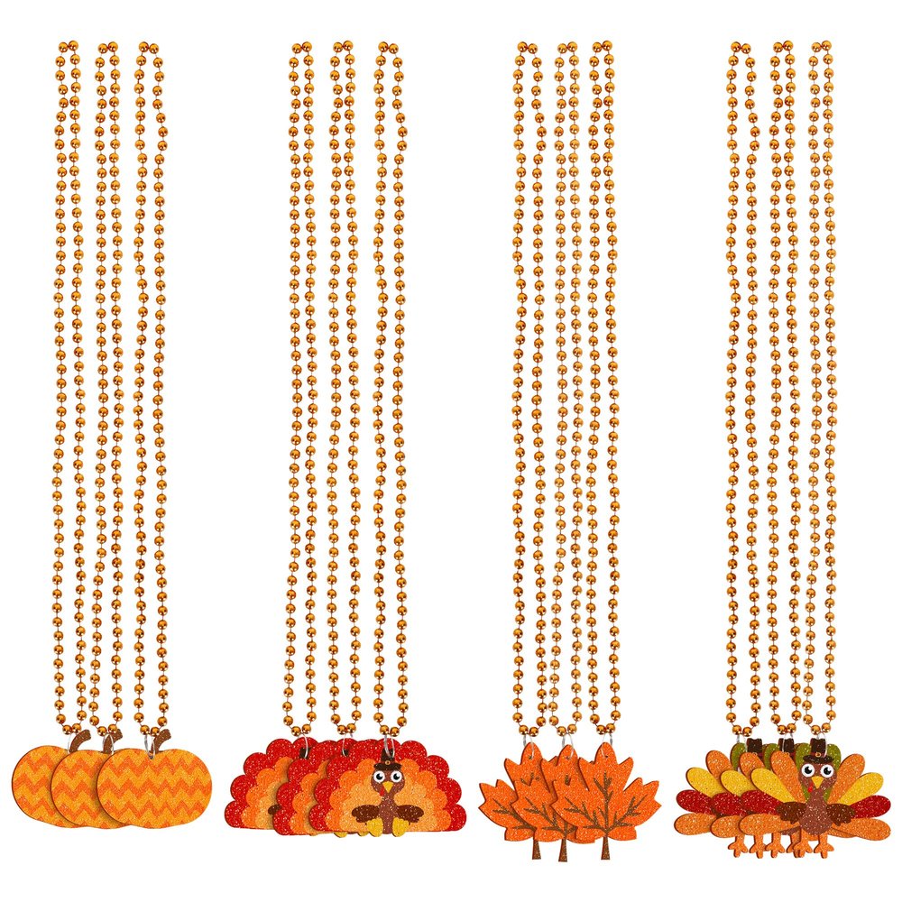 Thanksgiving Necklace Decorations - 12PCS Bead Necklaces Party Favors With Turkey, Pumpkin, Maple Pendant for Boys Girls - Accessories for Party Parade