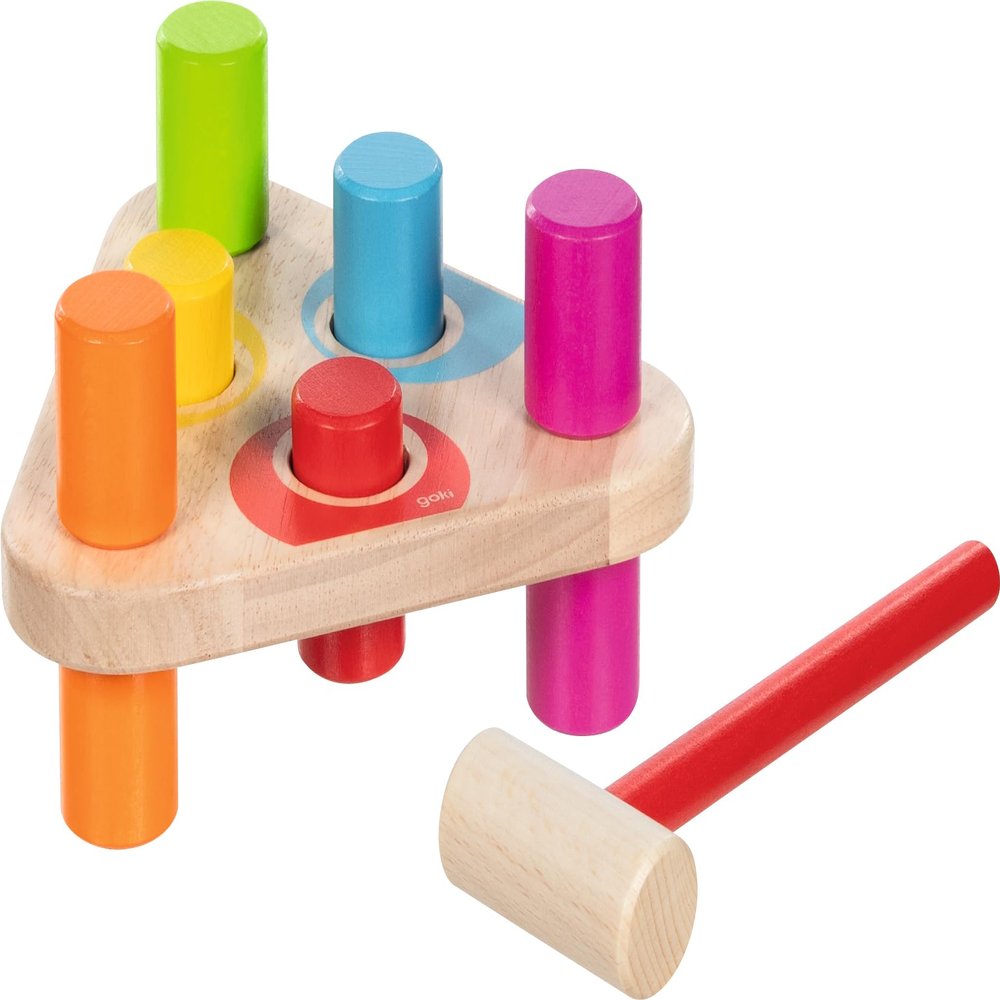 goki 58339 Hammer Bench Rainbow Colours Wooden Triangular Wooden Toy for Children, Motor Skills Toy with 6 Blocks and Hammer, Educational Learning Toy, Made in Germany, Set of 7, from 1 Year
