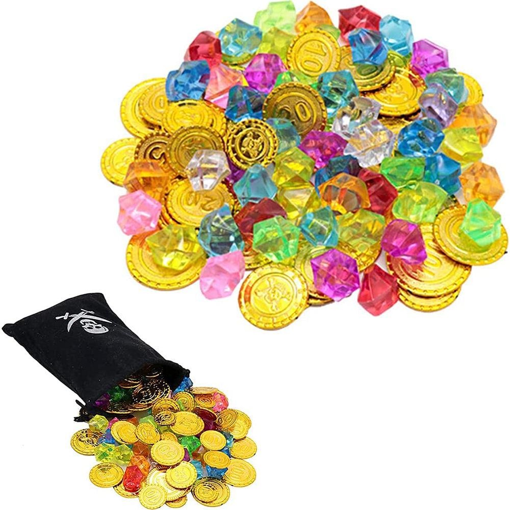 100 Pieces Pirate Treasure Toys with Storage Bag Include Gold Gems Fake Gold Toys for Pirate Party Decorations