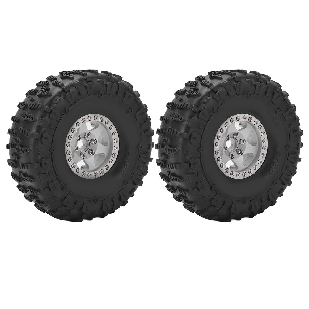 2Pcs RC Crawler Tires, 1.9in Metal Wheel Rims Rubber Tires Set for Axial SCX10 1/10 RC Crawler Car (Silver