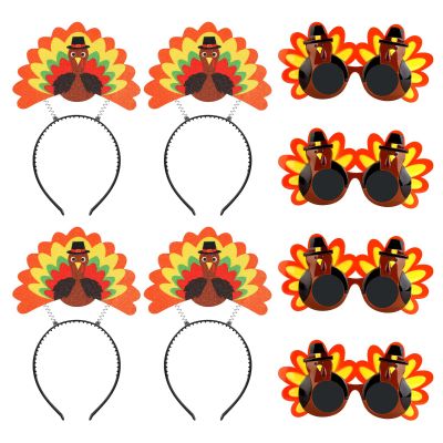8pcs Thanksgiving Turkey Headbands Sunglasses Set, 4pcs Thanksgiving Turkey Headband & 4pcs Turkey Eyeglasses Turkey Costume Glasses for Thanksgiving Family Party Stuff Favors Supplies Accessories