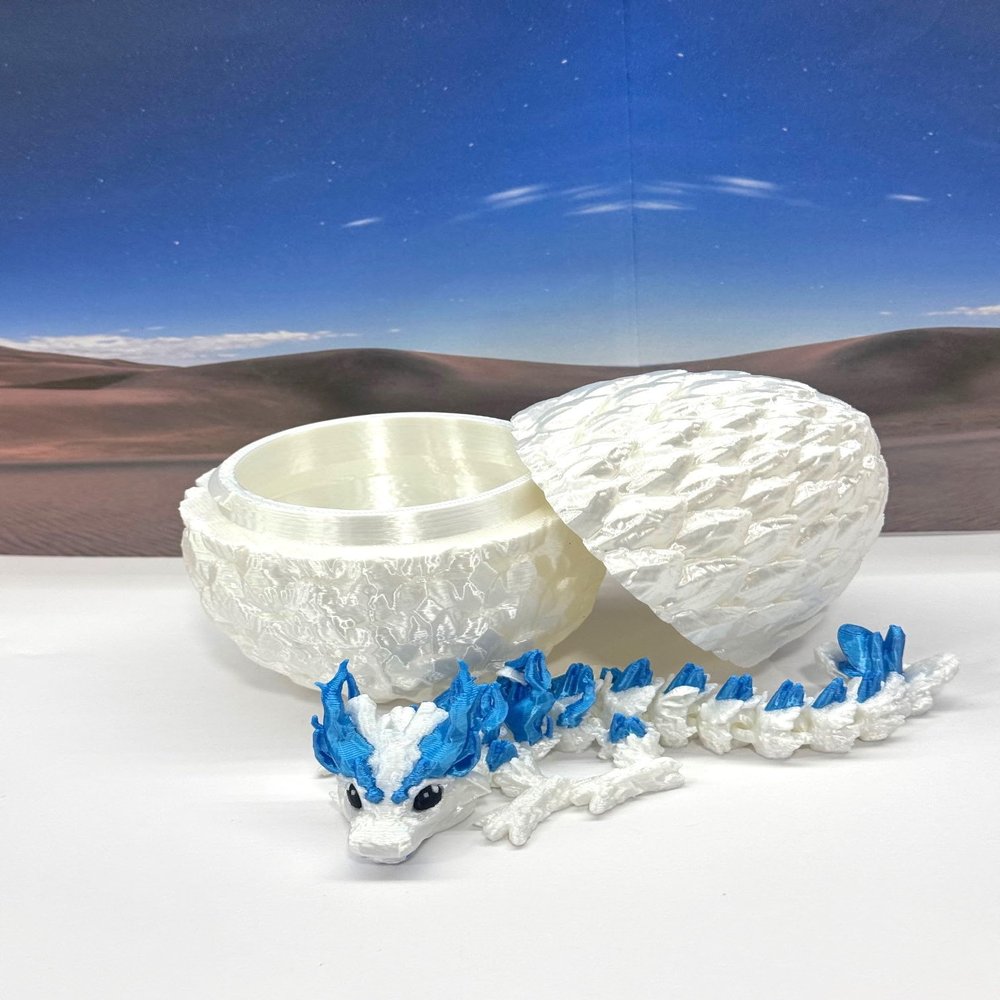 3D Printed Baby Dragon with Dragon Egg, Articulated Clover Crystal Easter Gemstone Orchid Rose Sushi Woodland Dragon White and Blue Dragon, Fidget Toy for Autism ADHD BD007WB (Woodland Dragon)