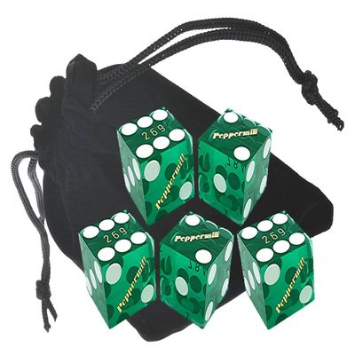 Wide Selection Authentic Lake Tahoe Reno Nevada Non-Vegas Casino Table-Played Craps Dice Set with Pouch, Full Stick of 5 Matching Serial Numbers (Reno Peppermill BO - Green Polished)
