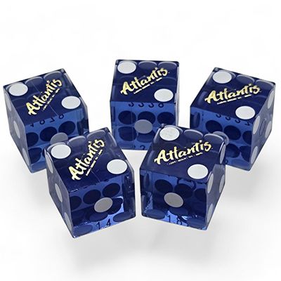 Wide Selection Authentic Lake Tahoe Reno Nevada Non-Vegas Casino Table-Played Craps Dice Set with Pouch, Full Stick of 5 Matching Serial Numbers (Reno Atlantis - Blue Polished)