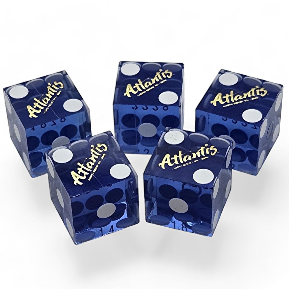 Wide Selection Authentic Lake Tahoe Reno Nevada Non-Vegas Casino Table-Played Craps Dice Set with Pouch, Full Stick of 5 Matching Serial Numbers (Reno Atlantis - Blue Polished)