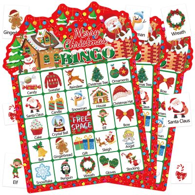 Leezead Christmas Bingo Game Cards for Kids Adults, 24 Players Xmas Party Bingo Games for School Office Family Large Group Christmas Party Activities Supplies