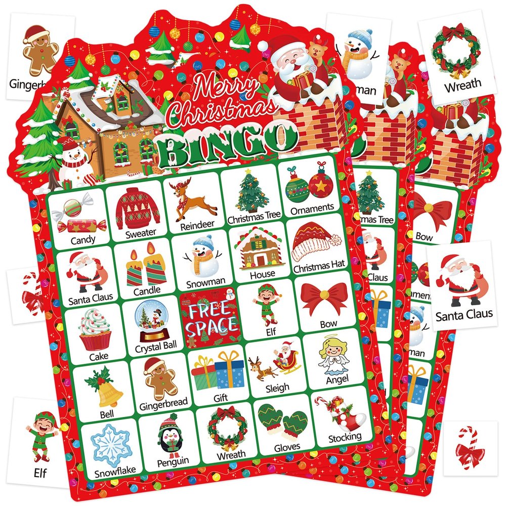 Leezead Christmas Bingo Game Cards for Kids Adults, 24 Players Xmas Party Bingo Games for School Office Family Large Group Christmas Party Activities Supplies