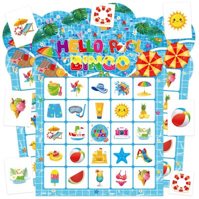 Leezead Pool Party Bingo Games, 24 Players Summer Bingo Game Cards for School Classroom Family Activities Hawaiian Tropical Party Favors Supplies