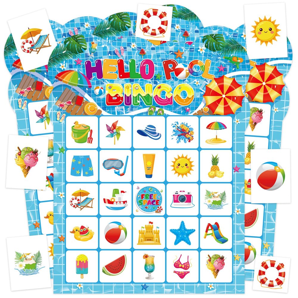 Leezead Pool Party Bingo Games, 24 Players Summer Bingo Game Cards for School Classroom Family Activities Hawaiian Tropical Party Favors Supplies