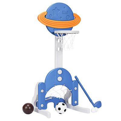 AKUSTIK 3 in 1 Toddlers Basketball Hoop Stand, Adjustable Height Sports Center with Basketball Soccer Golf Game Set, Portable Indoor Outdoor Activity Playset Gift for Kids