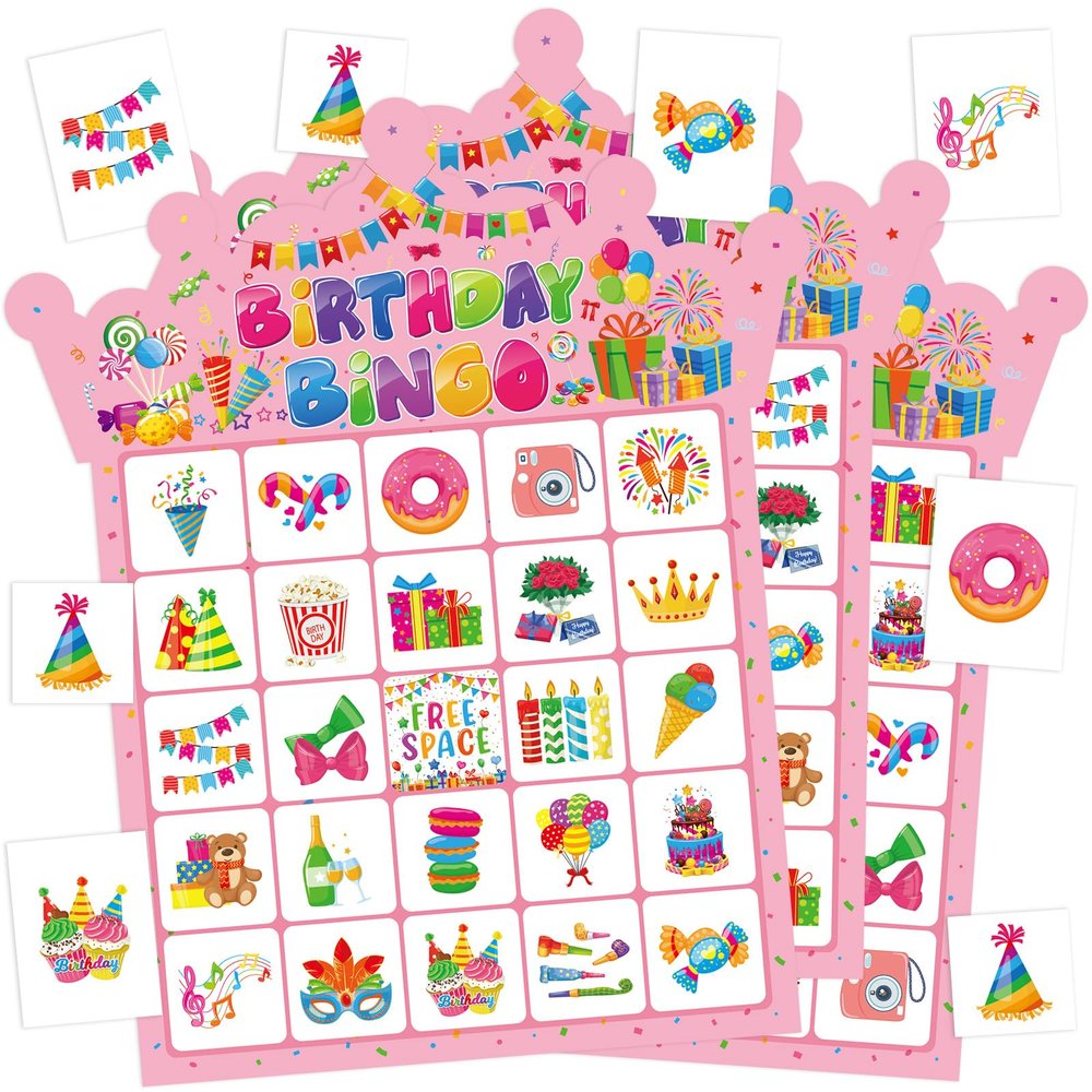 Leezead Birthday Bingo Game Cards for Party, 24 Players Birthday Party Bingo Games for School Office Family Large Group Party Activities Supplies