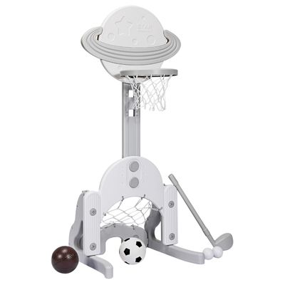 AKUSTIK 3 in 1 Toddlers Basketball Hoop Stand, Adjustable Height Sports Center with Basketball Soccer Golf Game Set, Portable Indoor Outdoor Activity Playset Gift for Kids