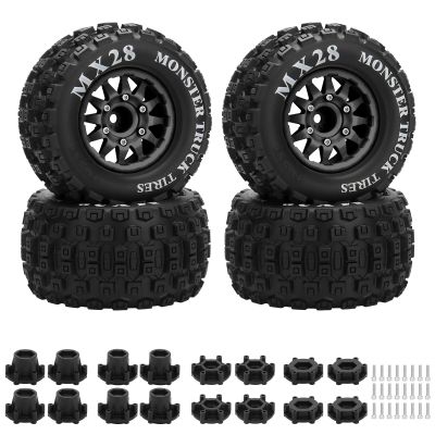2.8" RC Tires with 12mm/14mm Hex Adapter 1/10 Scale RC Truck Tires RC Wheels and Tires Set for Traxxas Arrma Rustler Stampede 4PCS (Black) - Not Glued