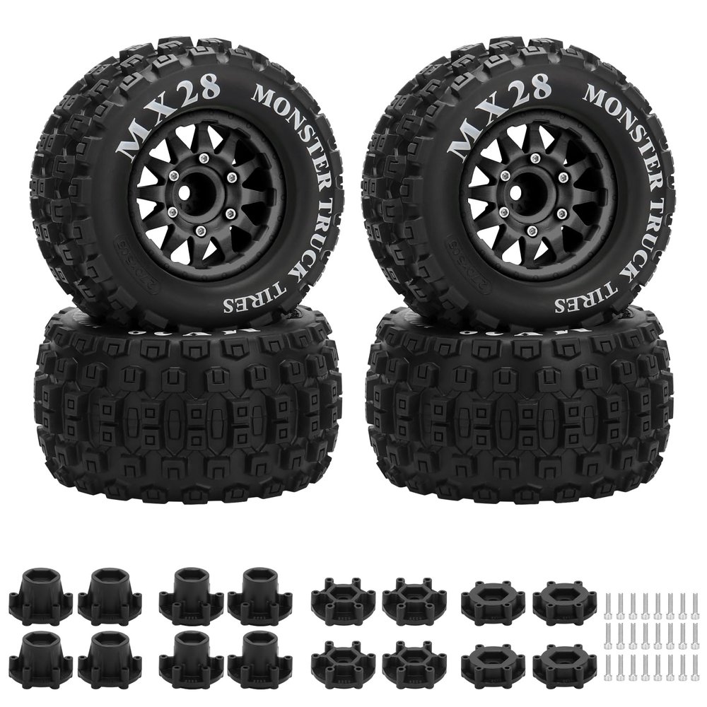 2.8" RC Tires with 12mm/14mm Hex Adapter 1/10 Scale RC Truck Tires RC Wheels and Tires Set for Traxxas Arrma Rustler Stampede 4PCS (Black) - Not Glued