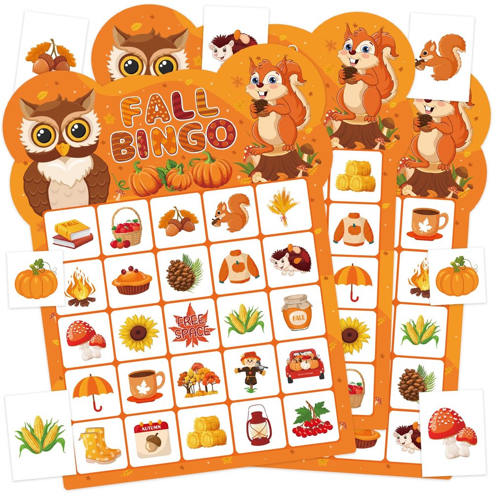 Leezead Fall Bingo Game Cards for Adults, 24 Players Autumn Thanksgiving Bingo Cards Fall Party Game for School Classroom Family Activities Autumn Thanksgiving Party Favors
