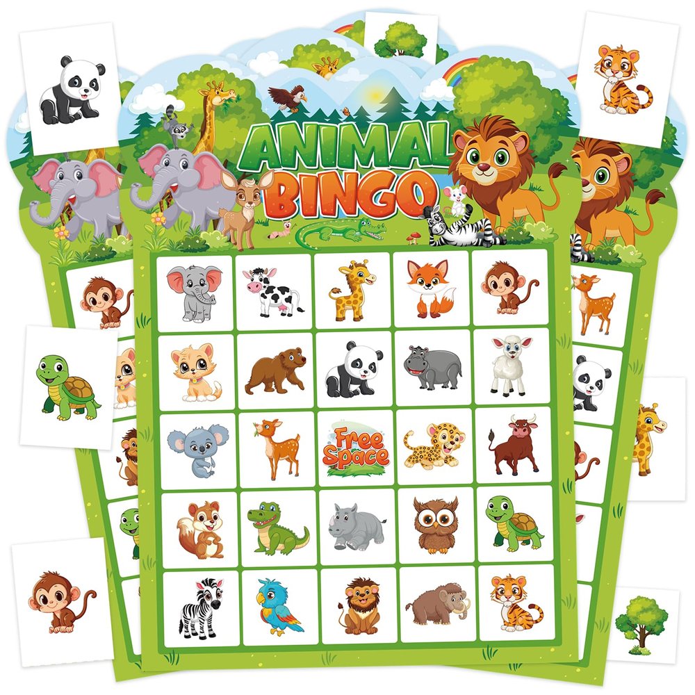 Leezead Animal Bingo Game for Toddler Adults, 24 Players Jungle Safari Animal Bingo Game Cards Birthday Party Bingo Cards for School Classroom Family Activities