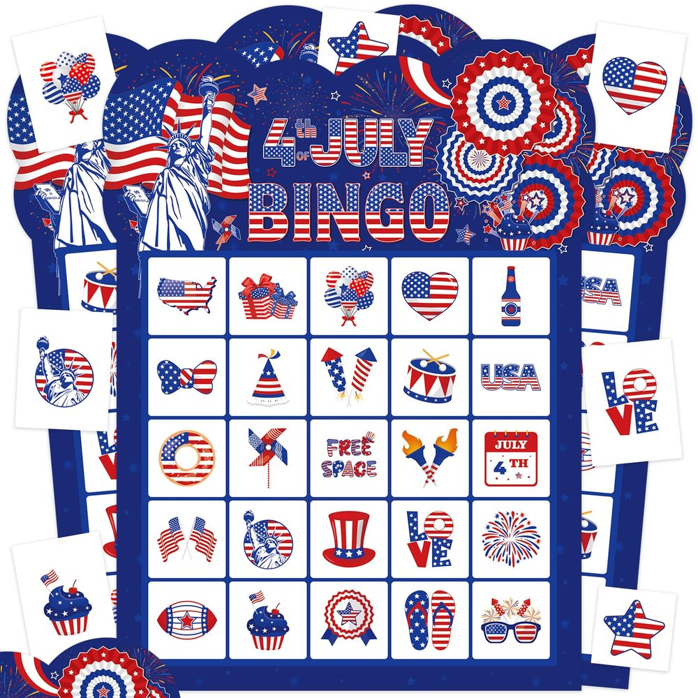 Leezead 4th of July Bingo Game Cards, 24 Players Patriotic Bingo Cards Independence Day Game for School Classroom Family Activities Patriotic Party Favors Supplies