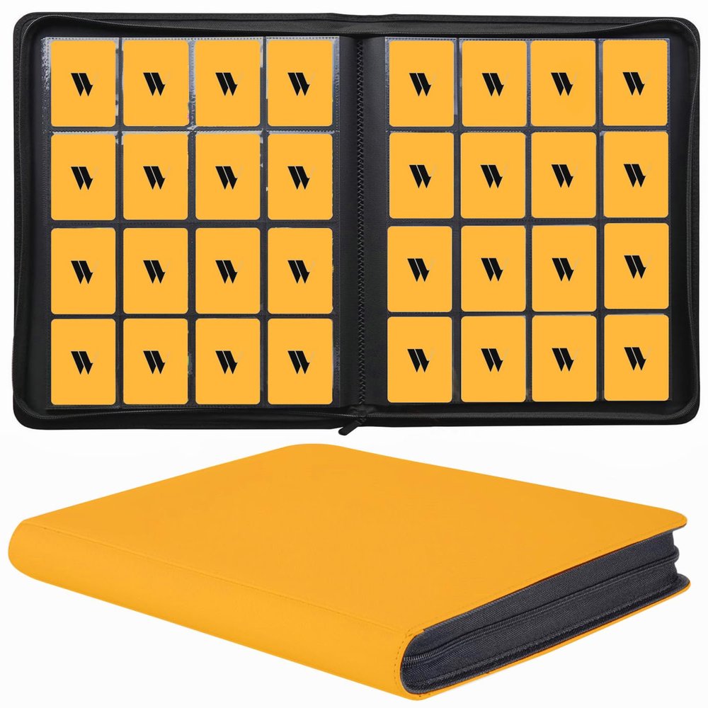 16 Pocket Card Binder, 1000+ Premium Zip Trading Card Binder, Double Sided Pocket Card Binder Album, Ringless Card Folder for MTG, TCG, Sports Card (Yellow, 16Pockets)