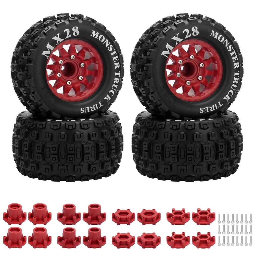 2.8" RC Tires with 12mm/14mm Hex Adapter 1/10 Scale RC Truck Tires RC Wheels and Tires Set for Traxxas Arrma Rustler Stampede 4PCS (Red) - Not Glued