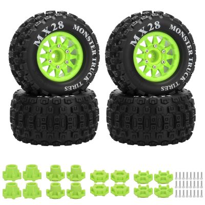 2.8" RC Tires with 12mm/14mm Hex Adapter 1/10 Scale RC Truck Tires RC Wheels and Tires Set for Traxxas Arrma Rustler Stampede 4PCS (Green) - Not Glued