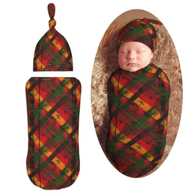 Muishi Red and Yellow Tartan Newborn Swaddle Blankets Hat Sets Soft Baby Receiving Blanket Swaddle Sack for Baby Shower Infant Boy Girl Gift