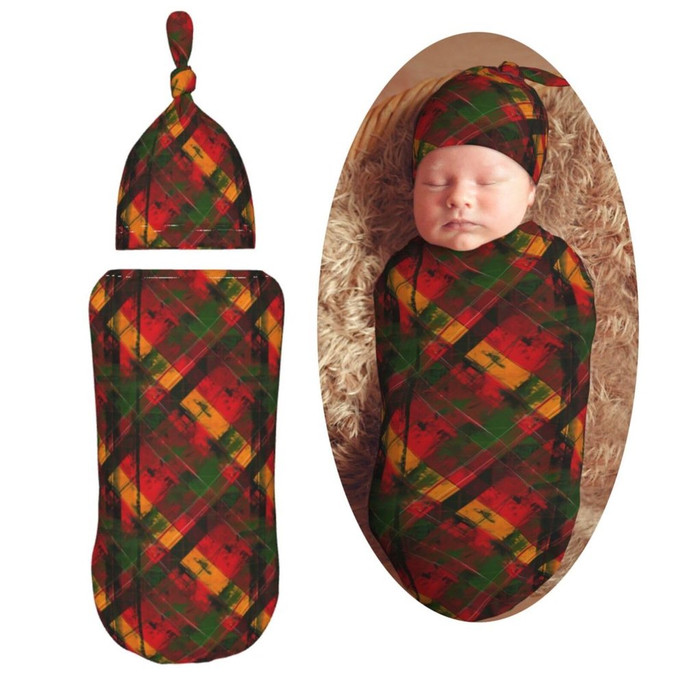 Muishi Red and Yellow Tartan Newborn Swaddle Blankets Hat Sets Soft Baby Receiving Blanket Swaddle Sack for Baby Shower Infant Boy Girl Gift