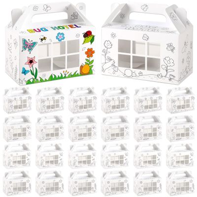 24 Pack Color Your Own Bug Hotel Box Cardboard Bugs Catchers Critters Collection Party Supplies Insect Gable Box Container with Window for Spring Summer Garden VBS Craft Favors