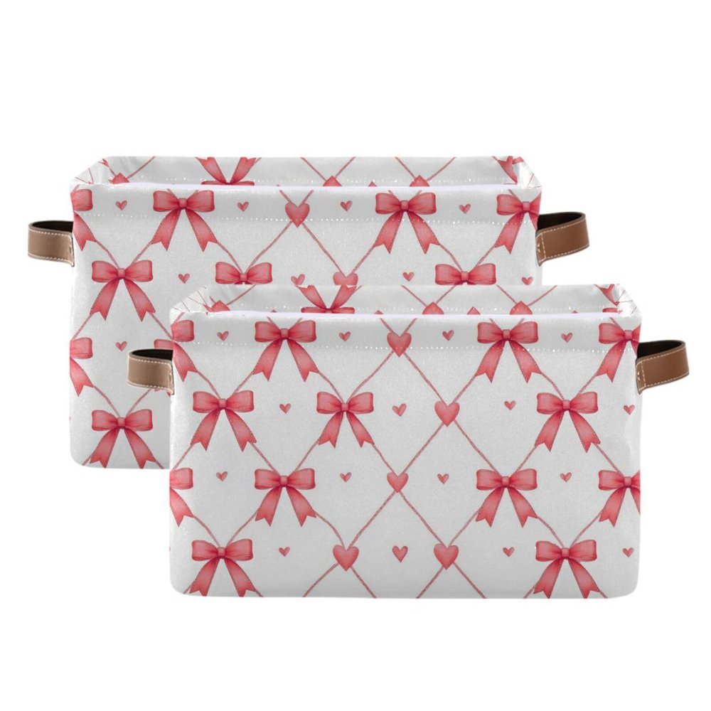 Aslsiy Storage Basket Watercolor Pink Bows Hearts Nursery Bins Baby Canvas Box Clothes Shelf Basket Laundry Hamper 2 Pcs