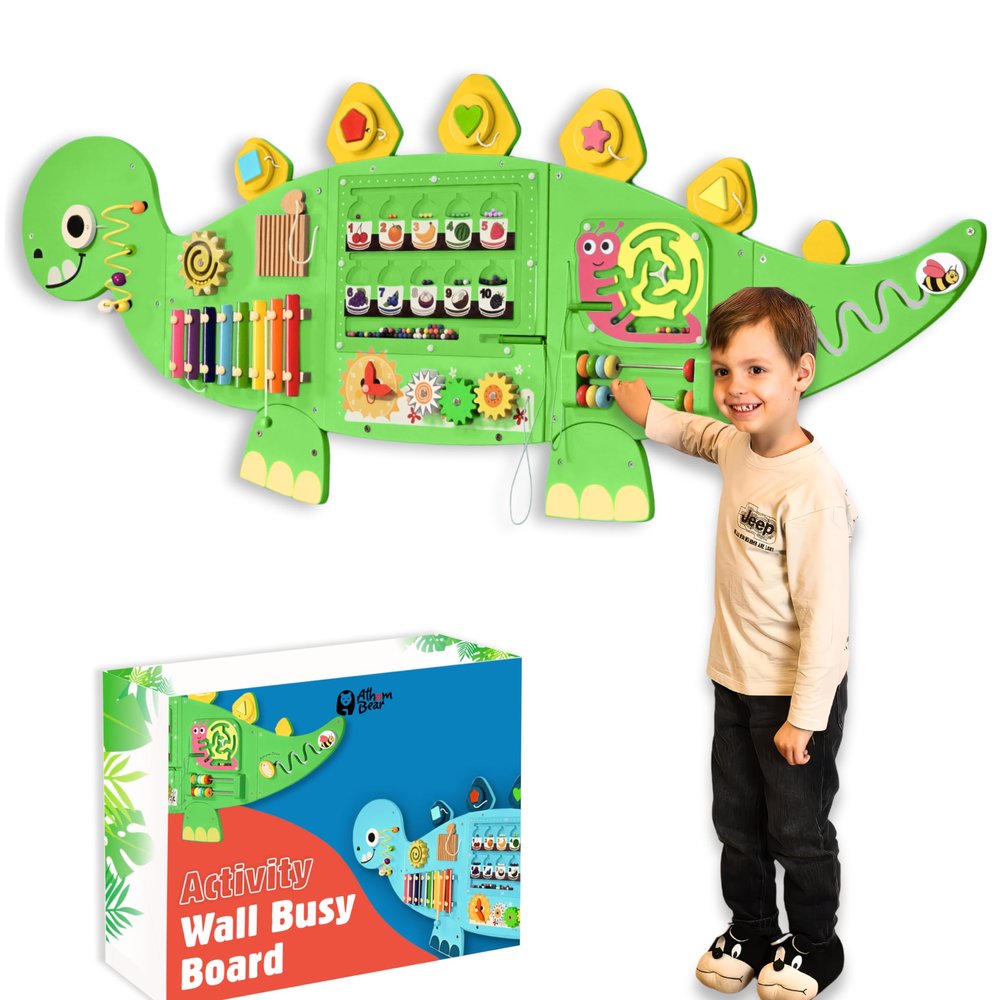 AthomBear Dinosaur Wall Busy Board with 12 Activities - Wall Toys for Toddlers 2,3,4,5 - Sensory Panel Wooden - Montessori Busy Board Learning Activity Center for Playroom and Classroom