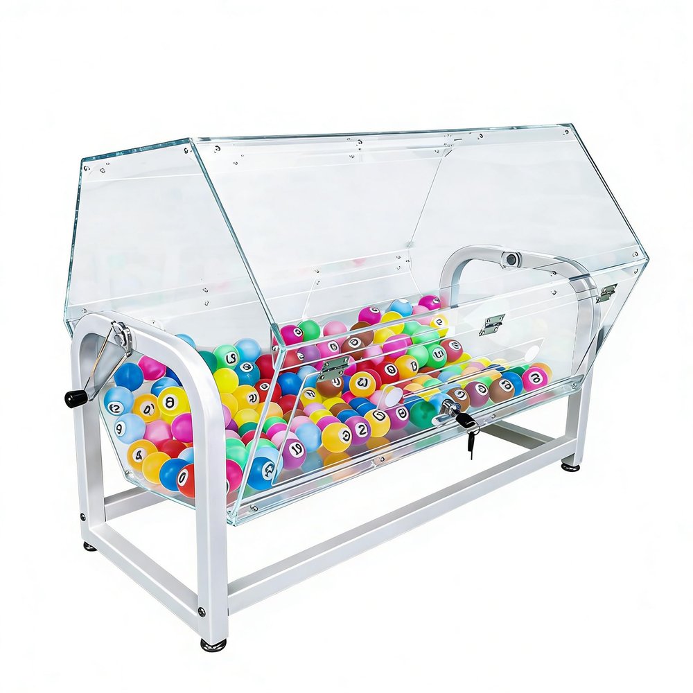 30x18.5x20.5" Large Clear Acrylic Raffle Drum with White Metal Stand, Lucky Draw Ticket Box for Lottery Games, 800 Pingpong Ball Capacity, Easy Assembly Video in Description 119569-NEW-NPF
