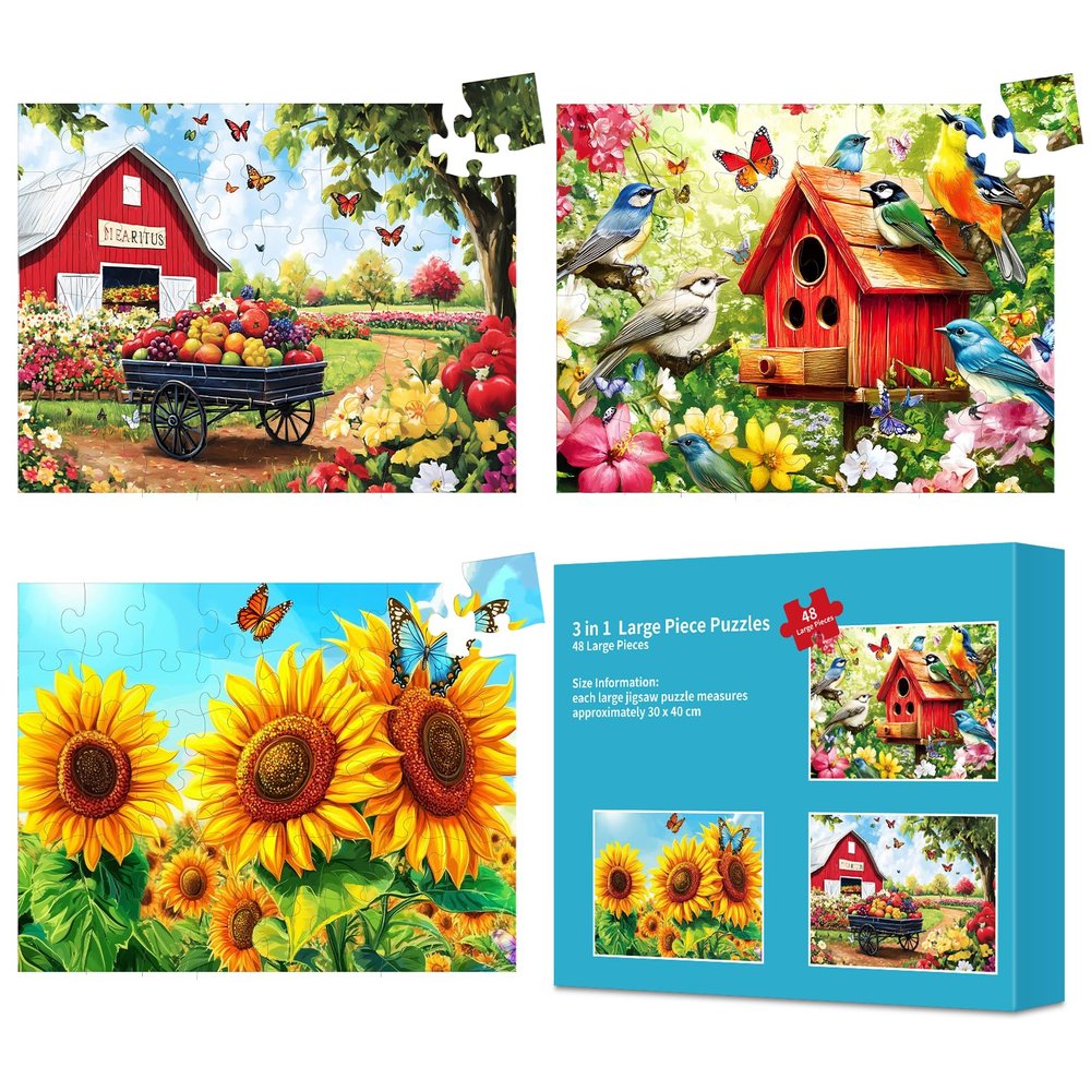 3 Pack 48 Large Piece Puzzles for Seniors, Dementia Alzheimer's Products Activities for Elderly Adults,Alzheimers Puzzle Memory Cognitive Games Easy Jigsaw Puzzle Gifts with 3 Storage Bags