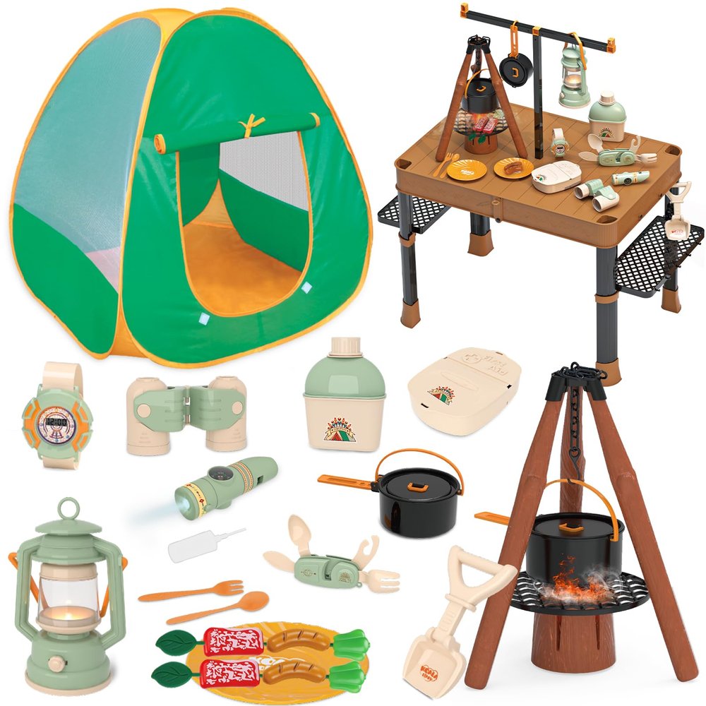 Fistone 50pcs Kids Camping Set with Folding Storage Table & Tent - Includes Projector Flashlight, Toddler Toys for Boys with Campfire, Pretend Play Camping Set with Food Toy, Ideal for Gift