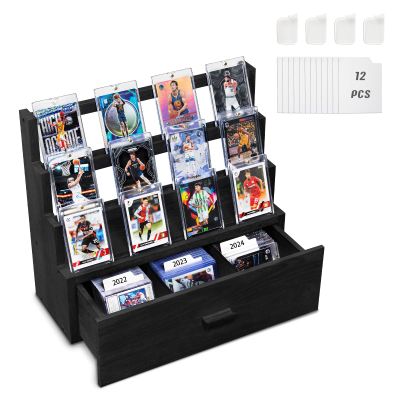 Emfogo Trading Card Display, 3-Tier Card Display Case with Custom Drawer, Wood Graded Card Display with Card Supporters and Dividers, Sports Card Display Case for Card Game Collection (Black)