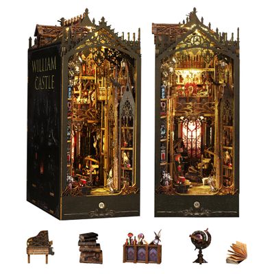 DIY Dollhouse Booknook, Book Nook Miniature Kit for Bookshelf Insert Decor Crafts for Adults and Teens, 3D Wooden Puzzle Bookends with Sensor Led Light (William Castle)