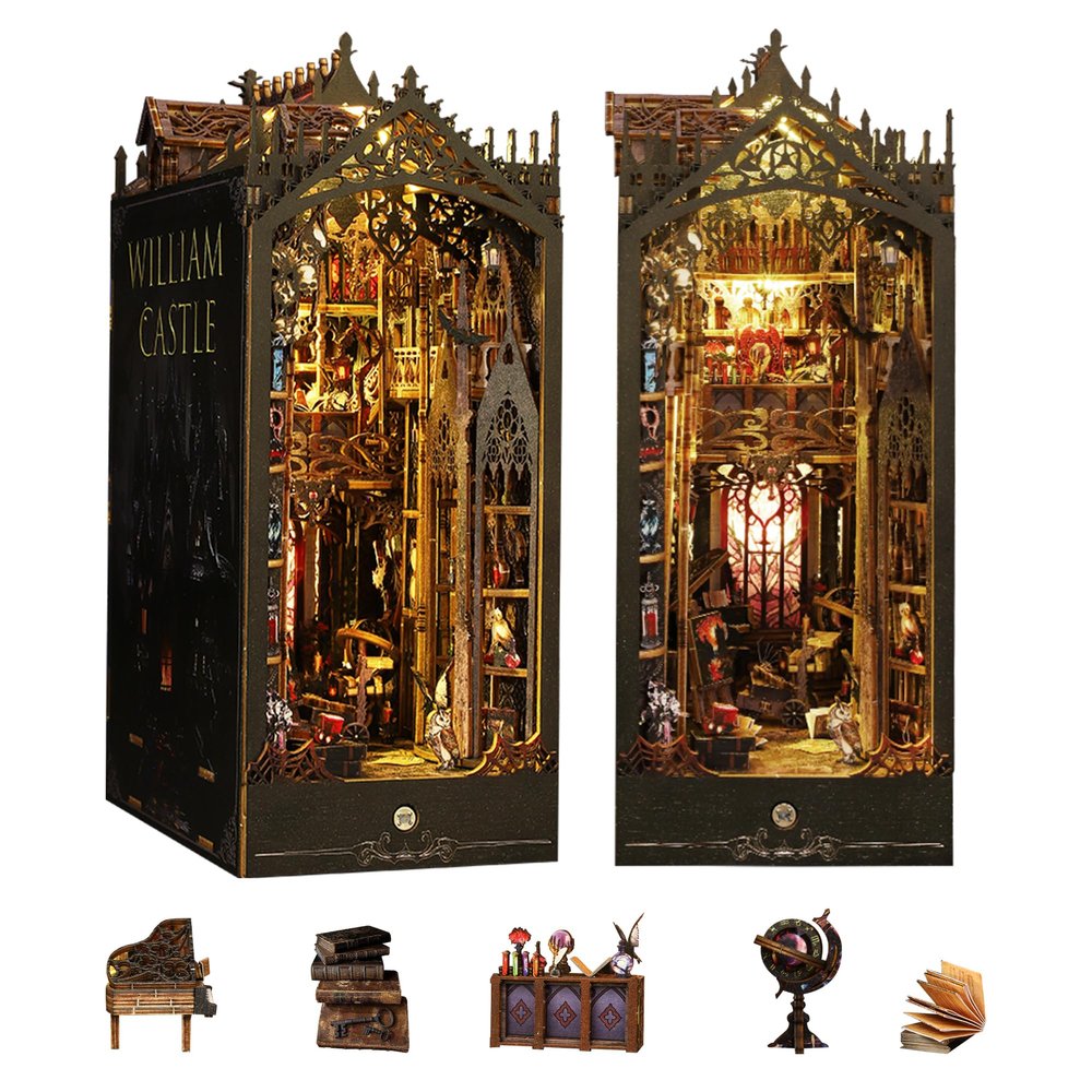 DIY Dollhouse Booknook, Book Nook Miniature Kit for Bookshelf Insert Decor Crafts for Adults and Teens, 3D Wooden Puzzle Bookends with Sensor Led Light (William Castle)