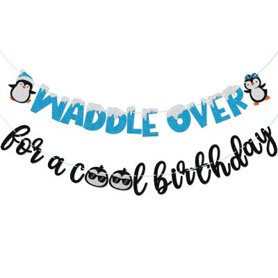 Penguin Themed Birthday Banner, Pre-strung Winter Birthday Party Decor, Waddle Over for a Cool Birthday, Winter Baby Shower Party Decor, Blue and Black Glitter