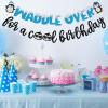 Penguin Themed Birthday Banner, Pre-strung Winter Birthday Party Decor, Waddle Over for a Cool Birthday, Winter Baby Shower Party Decor, Blue and Black Glitter view 4