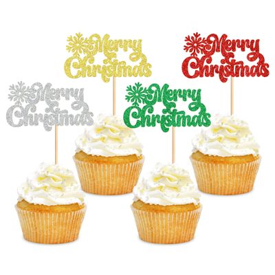 24 Pack Christmas Cupcake Toppers - Merry Christmas & Xmas Holiday Cupcake Picks - Boy Girl Baby Shower & Birthday Party Cake Decorations