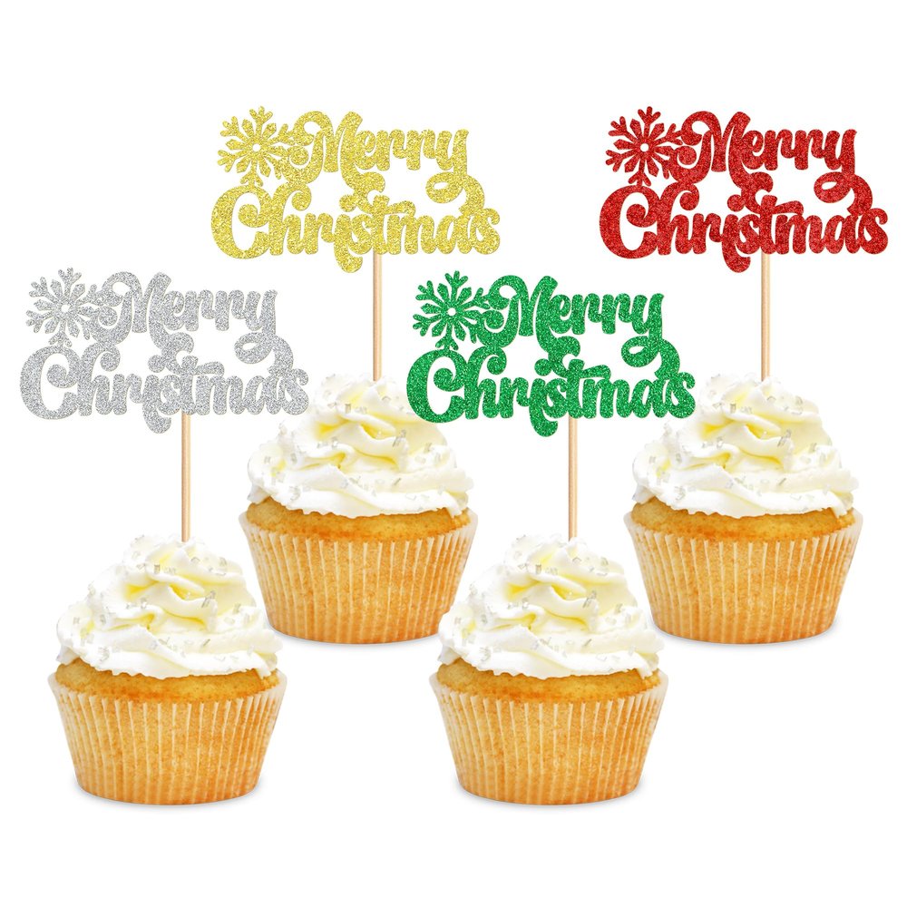 24 Pack Christmas Cupcake Toppers - Merry Christmas & Xmas Holiday Cupcake Picks - Boy Girl Baby Shower & Birthday Party Cake Decorations