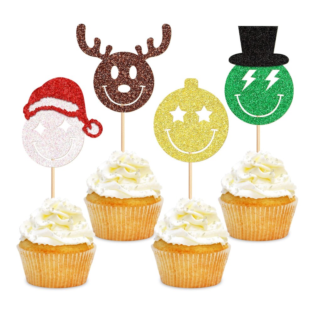 24 Pack Christmas Cupcake Toppers -AntlerDisco BallSanta's HatPicks Merry Christmas Theme Holiday Baby Shower Birthday Party Cake Decorations Supplies
