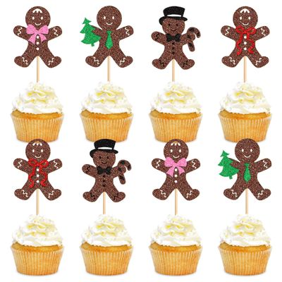 Cyodoos 24PCS Christmas Gingerbread Man Cupcake Toppers Picks Xmas Holiday Cupcake Picks Merry Christmas Theme Holiday Baby Shower Birthday Party Cake Decorations Supplies