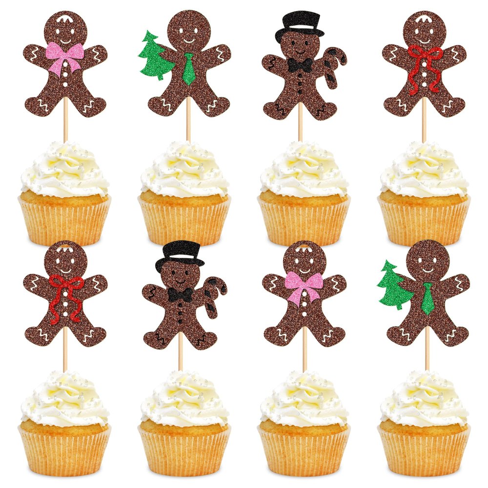 Cyodoos 24PCS Christmas Gingerbread Man Cupcake Toppers Picks Xmas Holiday Cupcake Picks Merry Christmas Theme Holiday Baby Shower Birthday Party Cake Decorations Supplies
