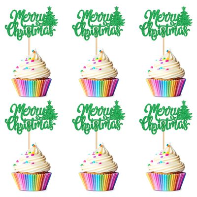 24 Pack Christmas Cupcake Toppers - Merry Christmas & Holiday Cupcake Picks - Boy Girl Baby Shower Birthday Party Cake Decorations - Green