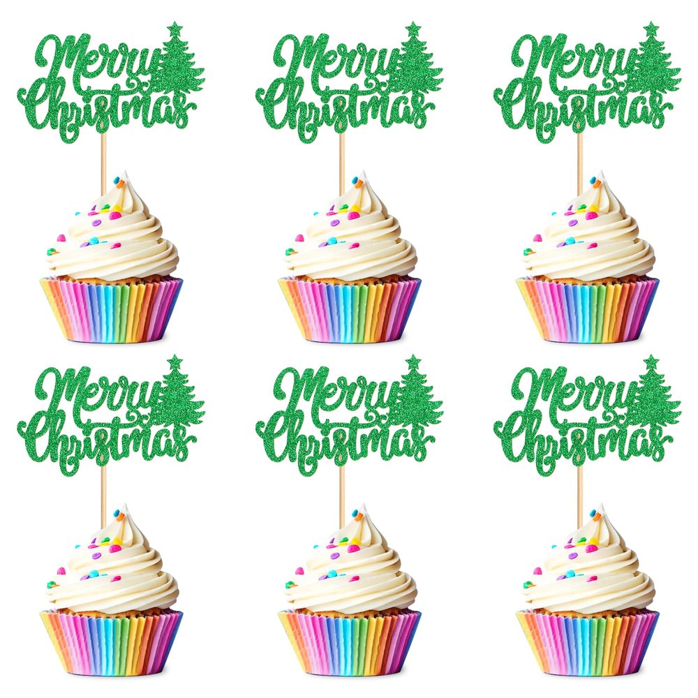 24 Pack Christmas Cupcake Toppers - Merry Christmas & Holiday Cupcake Picks - Boy Girl Baby Shower Birthday Party Cake Decorations - Green
