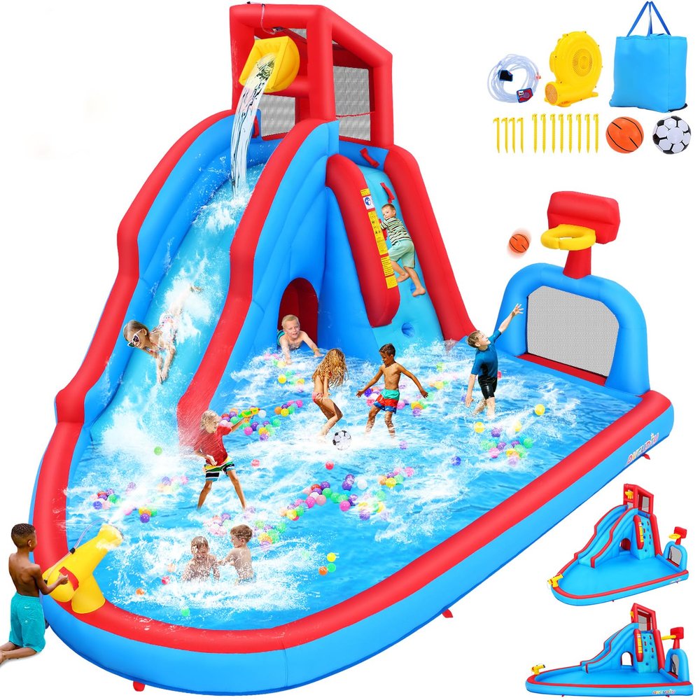 AKEYDIY Bounce House Water Slide Park for Kids 3-10 Backyard, Water Slide W/ 470W Blower, Water Bounce House W/Pool, Long Slide, Pool, Climbing Wall, Tunnel, Pouring Basin, Hoop, Water Cannon