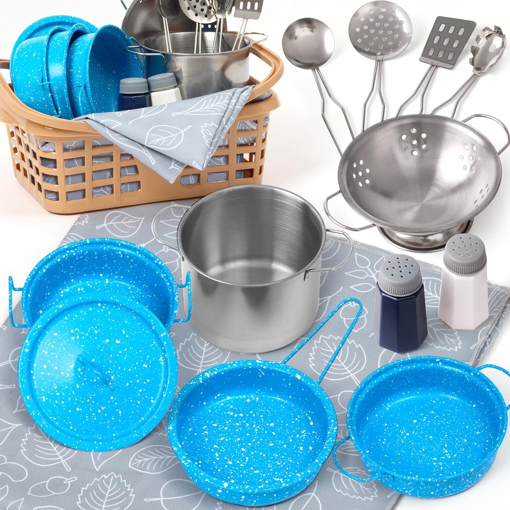 Veitch fairytales Kids Play Kitchen Toy Accessories Set Toddler Cooking Playset Colorful Stainless Steel Pots and Pans Birthday Gifts for 3+ Girls Boys (New Blue)